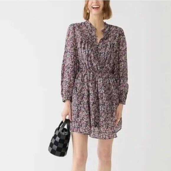 J. Crew Sunny Meadow Button Up Dress Women's Small Navy Floral Puff Sleeves - Picture 1 of 11